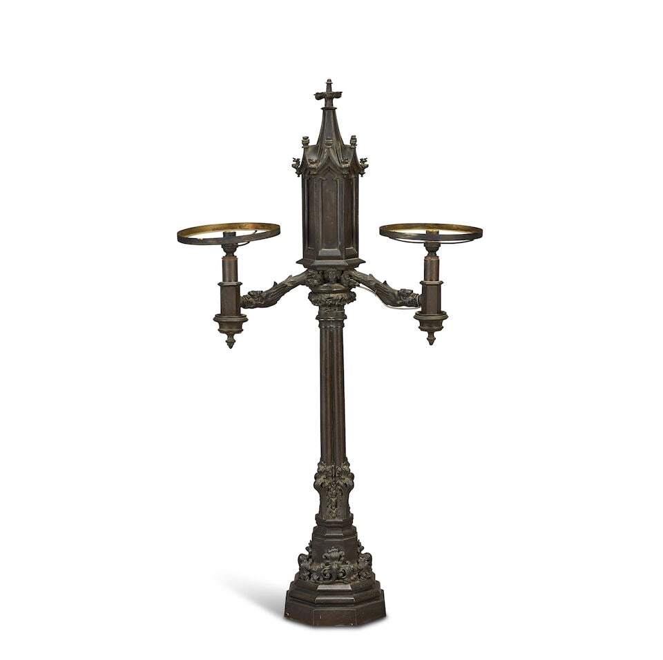 A second quarter 19th century patinated bronze twin light colza lamp in the Gothic taste In the ... - 5