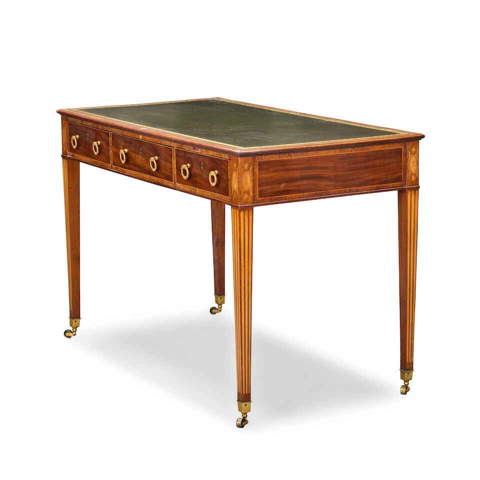 A George III mahogany, partridge wood banded and fruitwood marquetry writing tableCirca 1780 - 4