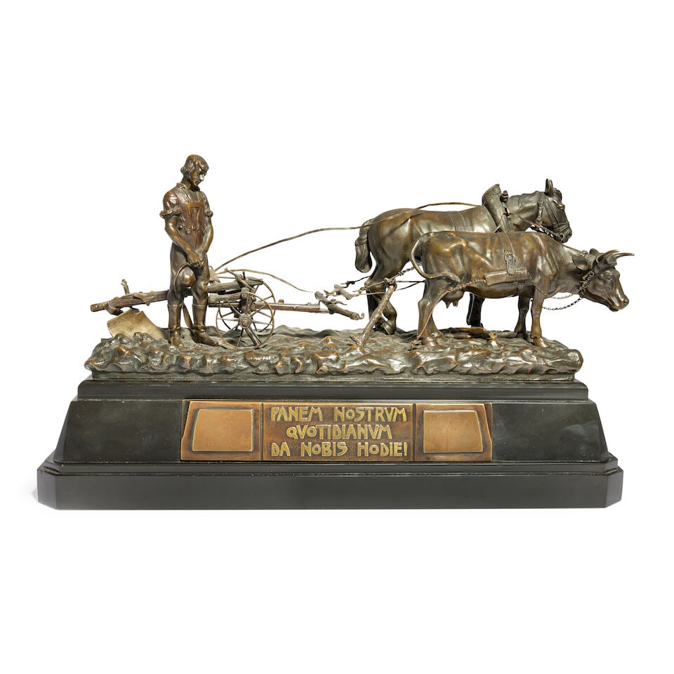 After Carl Kauba (Austrian, 1865-1922): A patinated bronze model of a ploughing team on ebonised... (1 of 2)