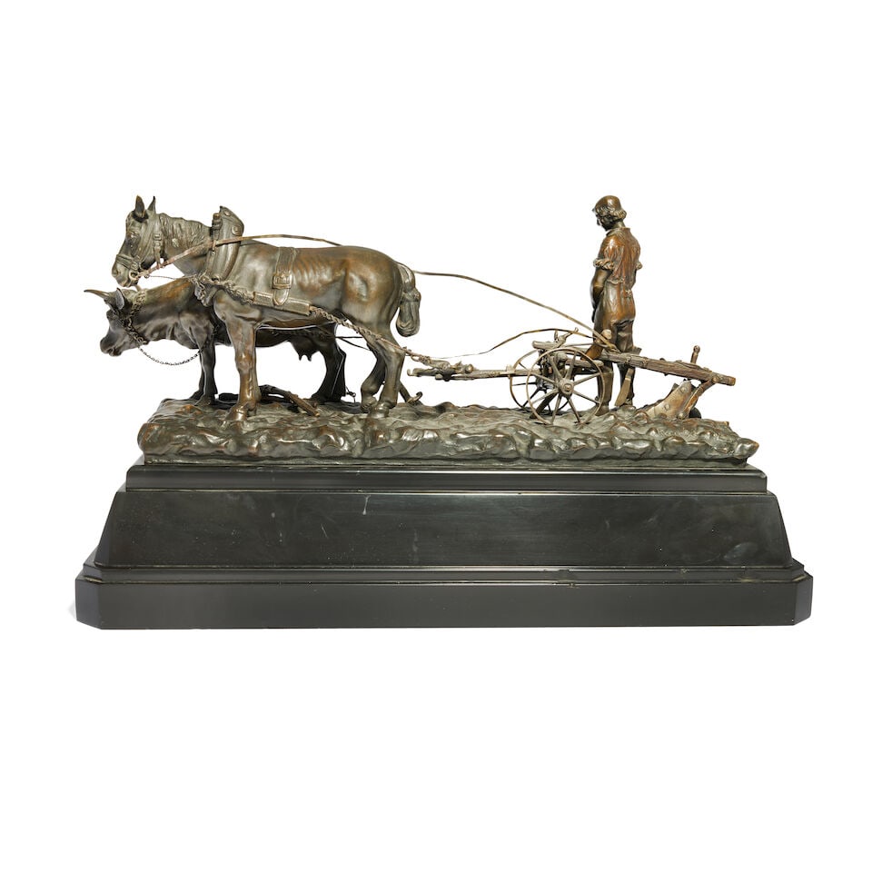 After Carl Kauba (Austrian, 1865-1922): A patinated bronze model of a ploughing team on ebonised... - 2