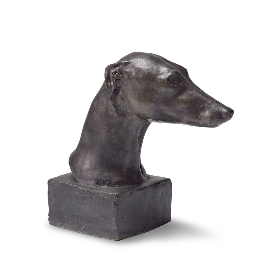 Phyllis Bone ARSA (British, 1894-1972): A patinated bronze model of a dachshund (2): Phyllis Bone ARSA (British, 1894-1972): A patinated bronze model of a dachshund On naturalistic rectangular base, signed within the cast Phyllis M. Bone 1929, with a giltwood pedestal stand on bun fe