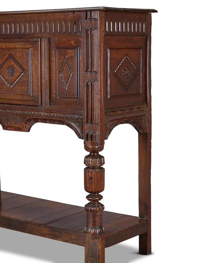 An oak livery cupboard Probably constructed from first half 17th century elements such as the Ja... - 2