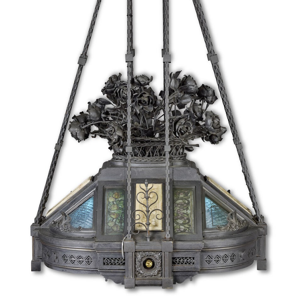 An impressive Continental black painted wrought and cast metal, stained and coloured glass and a... - 4