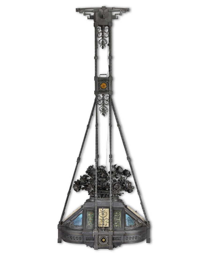 An impressive Continental black painted wrought and cast metal, stained and coloured glass and a... - 5