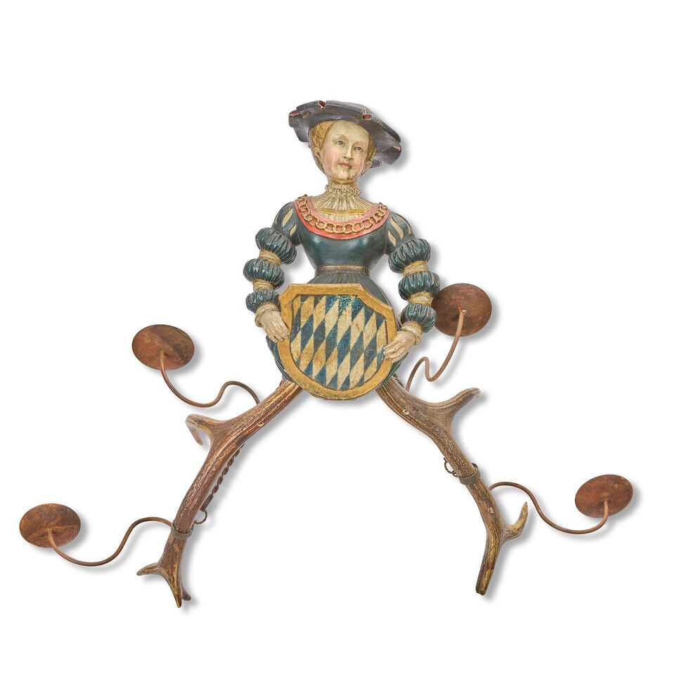 A 19th century carved and polychrome and gessoed wood and stag antler 'lustermannschen' four lig... (1 of 3)