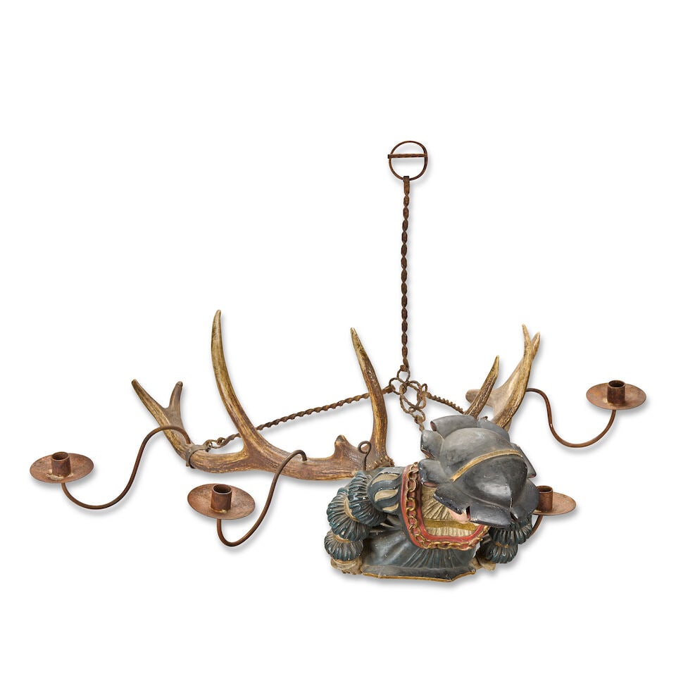 A 19th century carved and polychrome and gessoed wood and stag antler 'lustermannschen' four lig... - 2