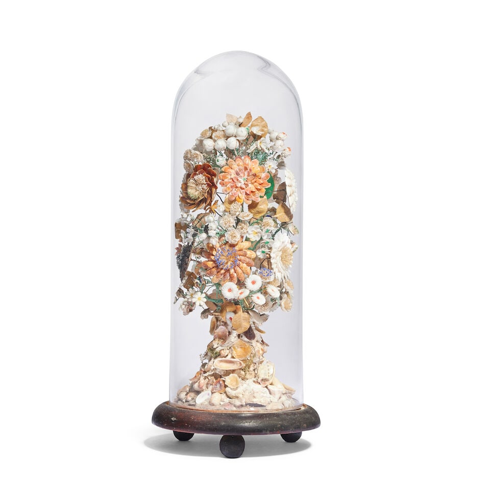 A late 19th century shell diorama ornament within glazed domed circular shade case (1 of 1)