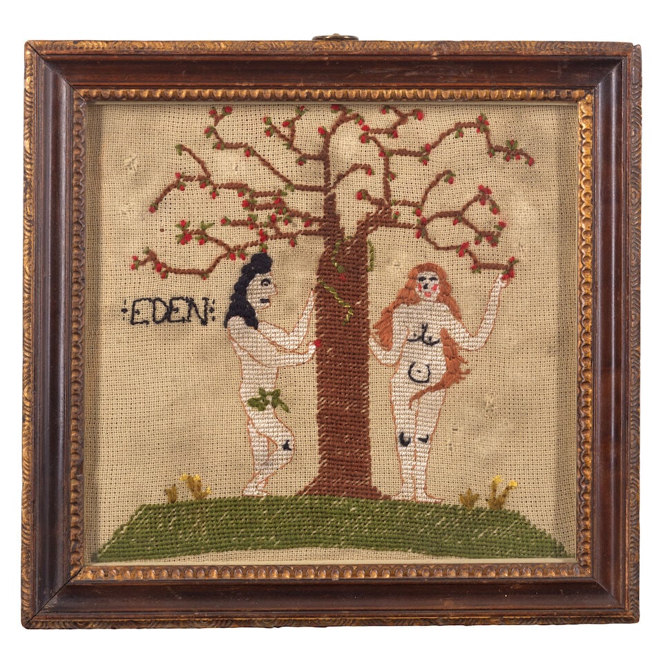 A late 19th century/early 20th century needlework sampler depicting Adam and Eve (1 of 1)