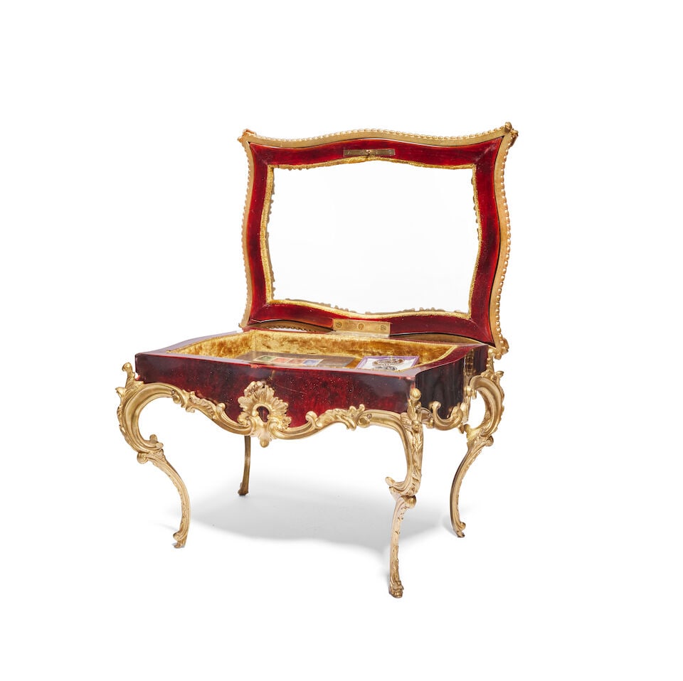 A late 19th century French gilt bronze mounted burr mahogany miniature bijouterie table With eng... - 2