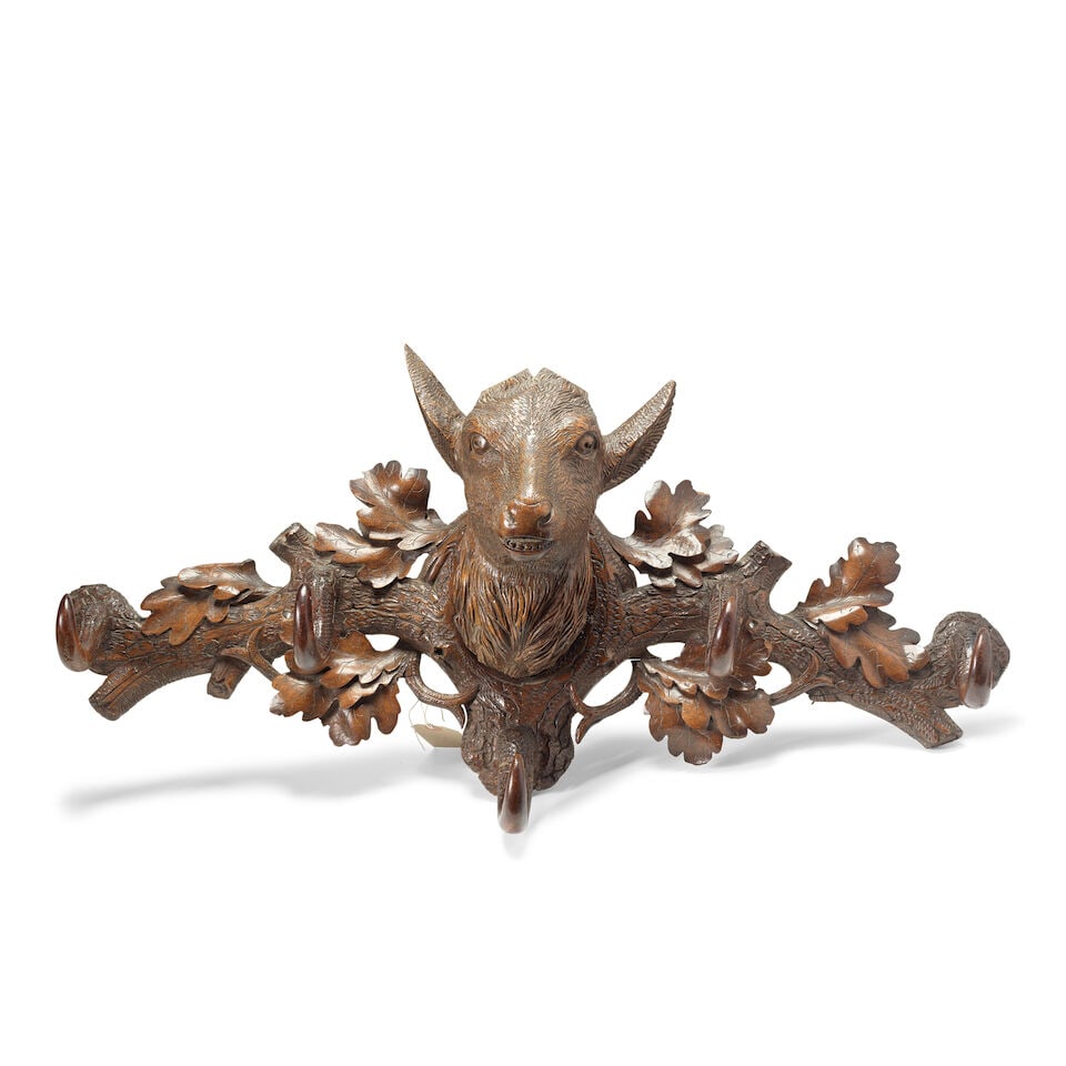 A late 19th/early 20th century Black Forest carved and stained wood stags head coat and hat rack - 3