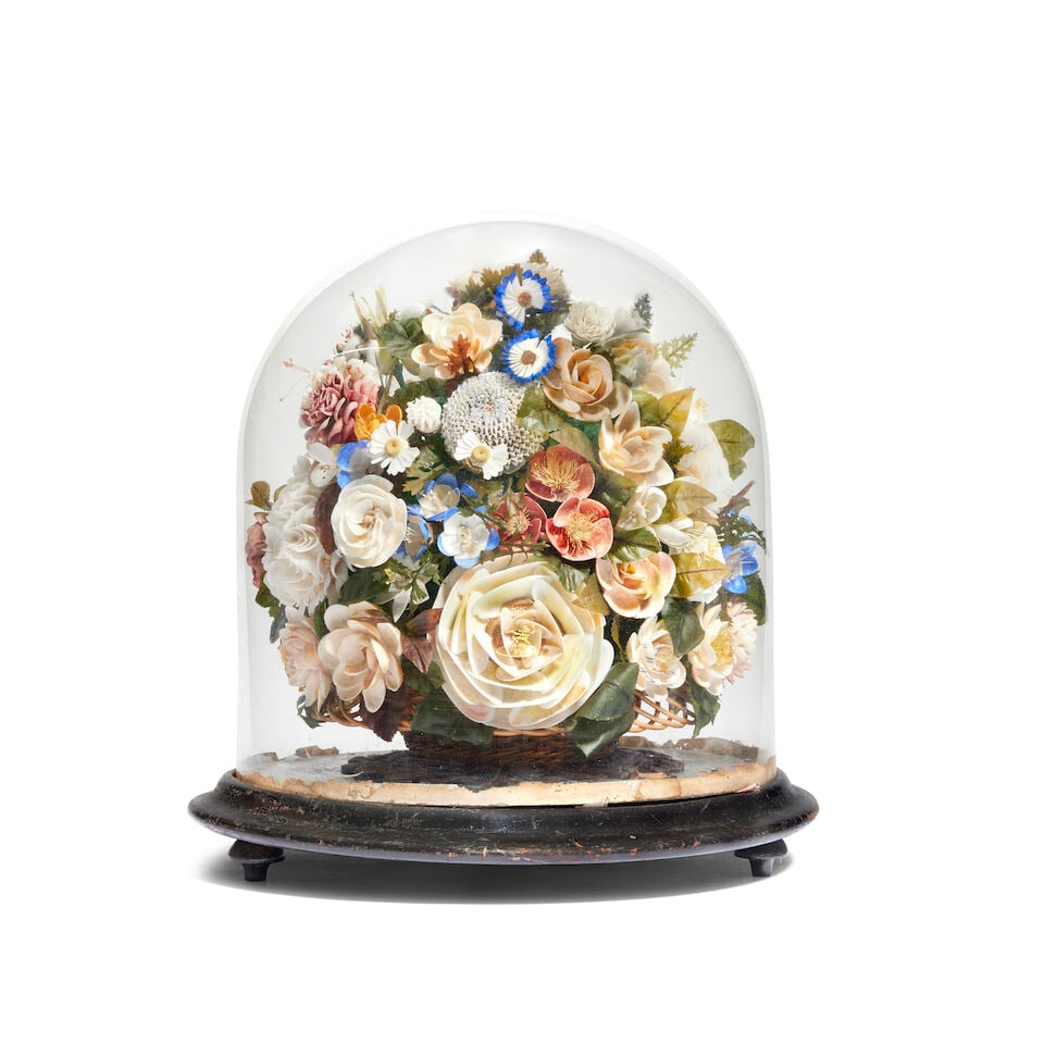 An late 19th century shell diorama ornament within glazed domed circular shade case (1 of 1)