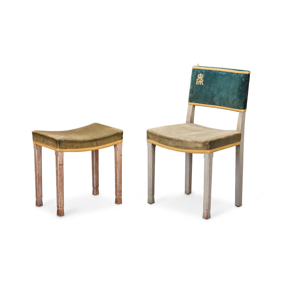 A limed oak Elizabeth II coronation chair together with its matching stool and a collection of c...: A limed oak Elizabeth II coronation chair together with its matching stool and a collection of coronation paraphernalia The furniture: 1953 The chair with chamfered square section front legs and plain