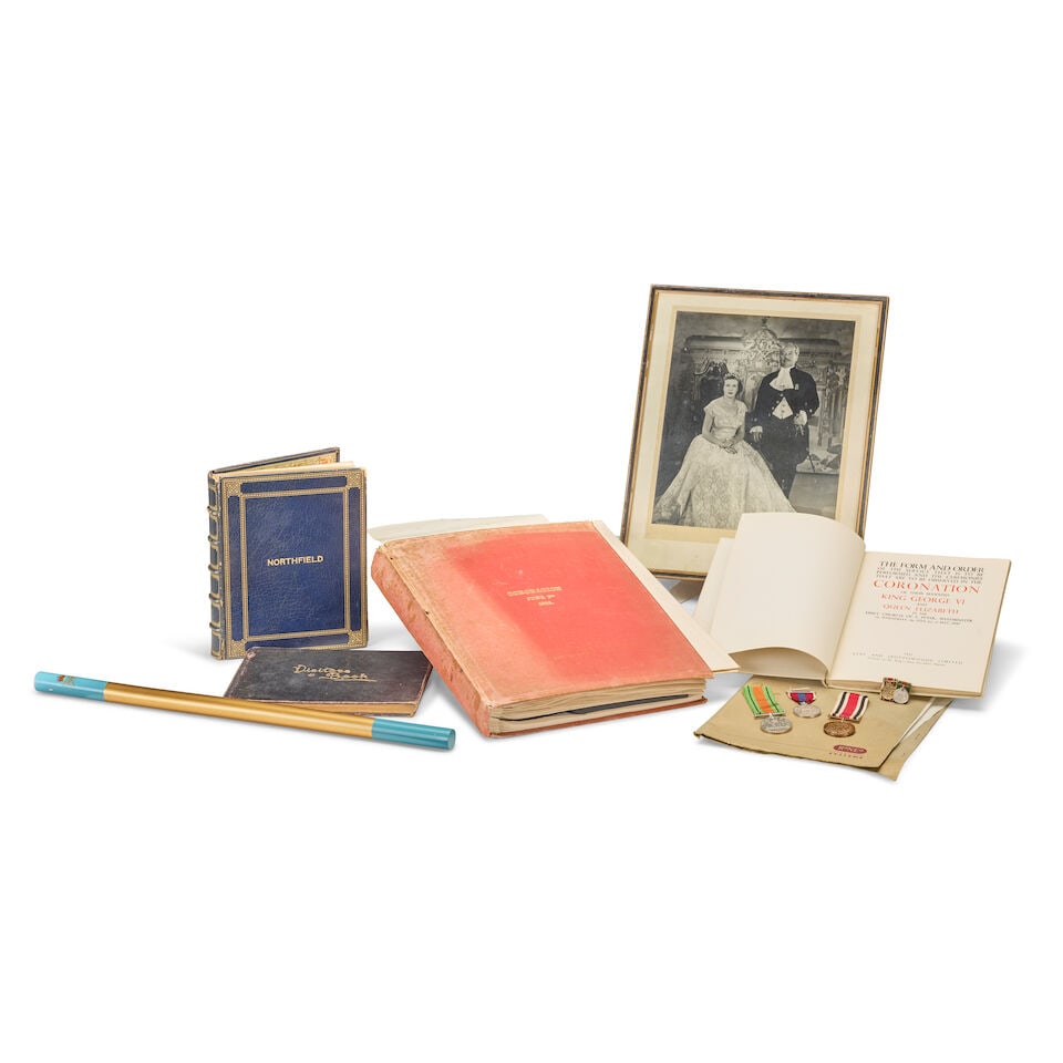 A limed oak Elizabeth II coronation chair together with its matching stool and a collection of c... - 2