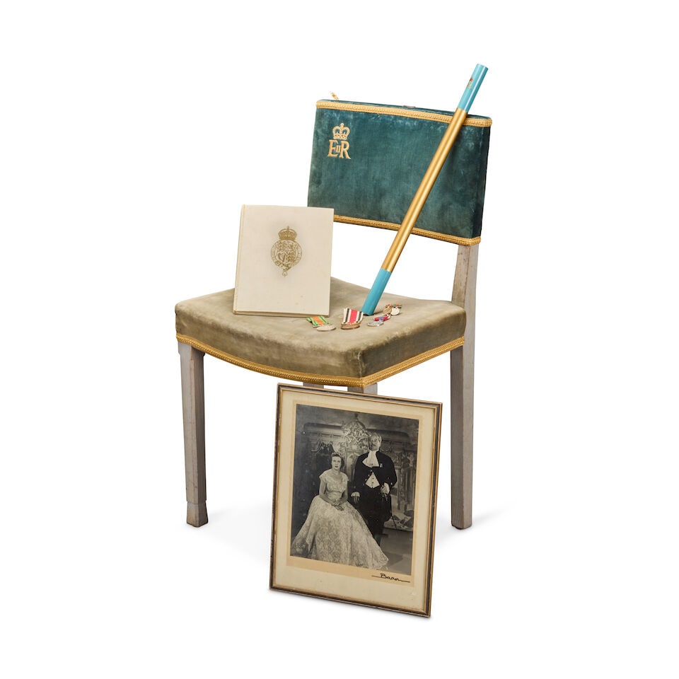 A limed oak Elizabeth II coronation chair together with its matching stool and a collection of c... - 3