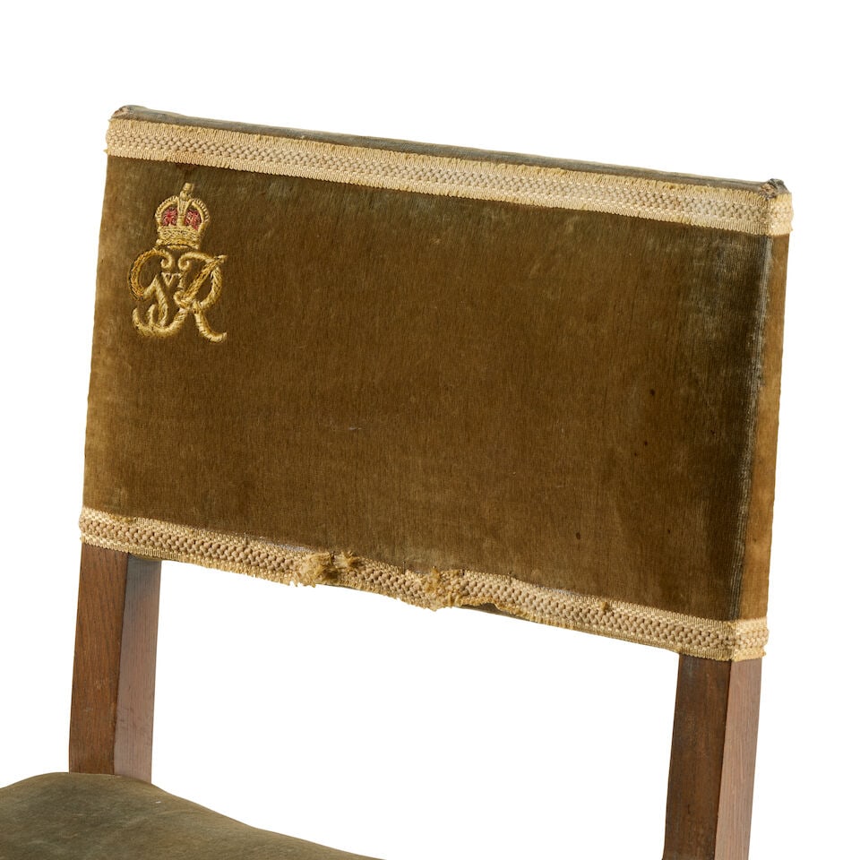 An oak George VI Coronation chair together with its matching stool 1937, The chair by W. Hands &... - 2