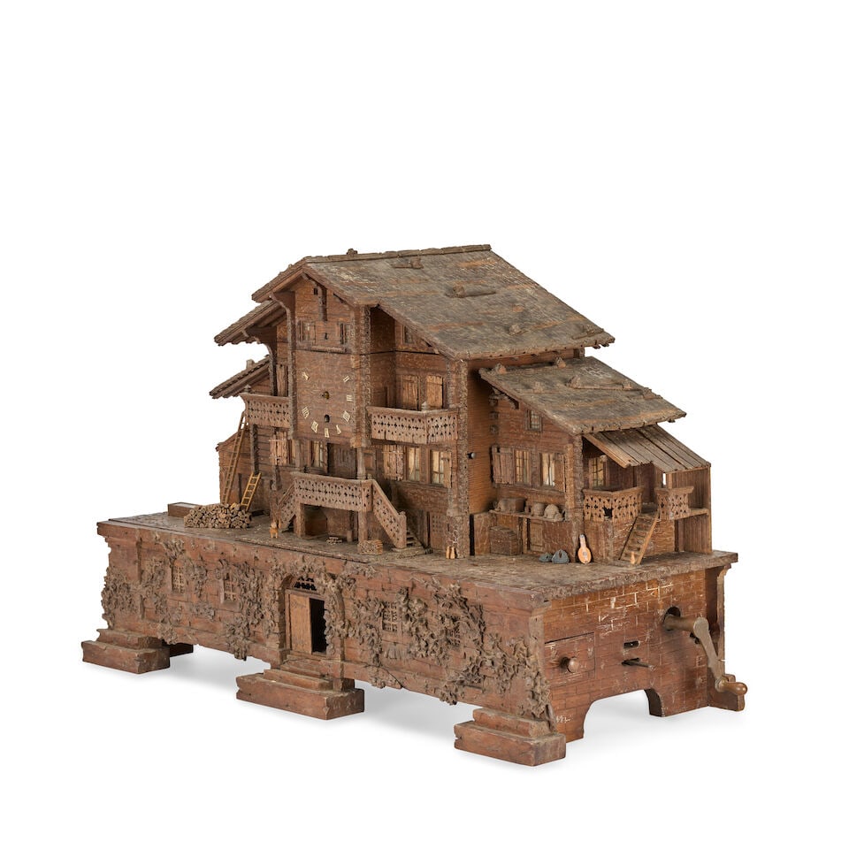 A late 19th century Swiss carved and stained wood novelty chalet combined liqueur set, timepiece... - 2