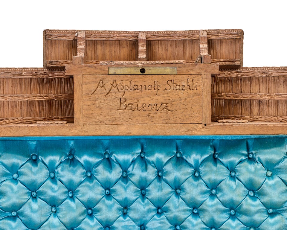 A late 19th century Swiss carved and stained wood novelty chalet combined liqueur set, timepiece... - 3