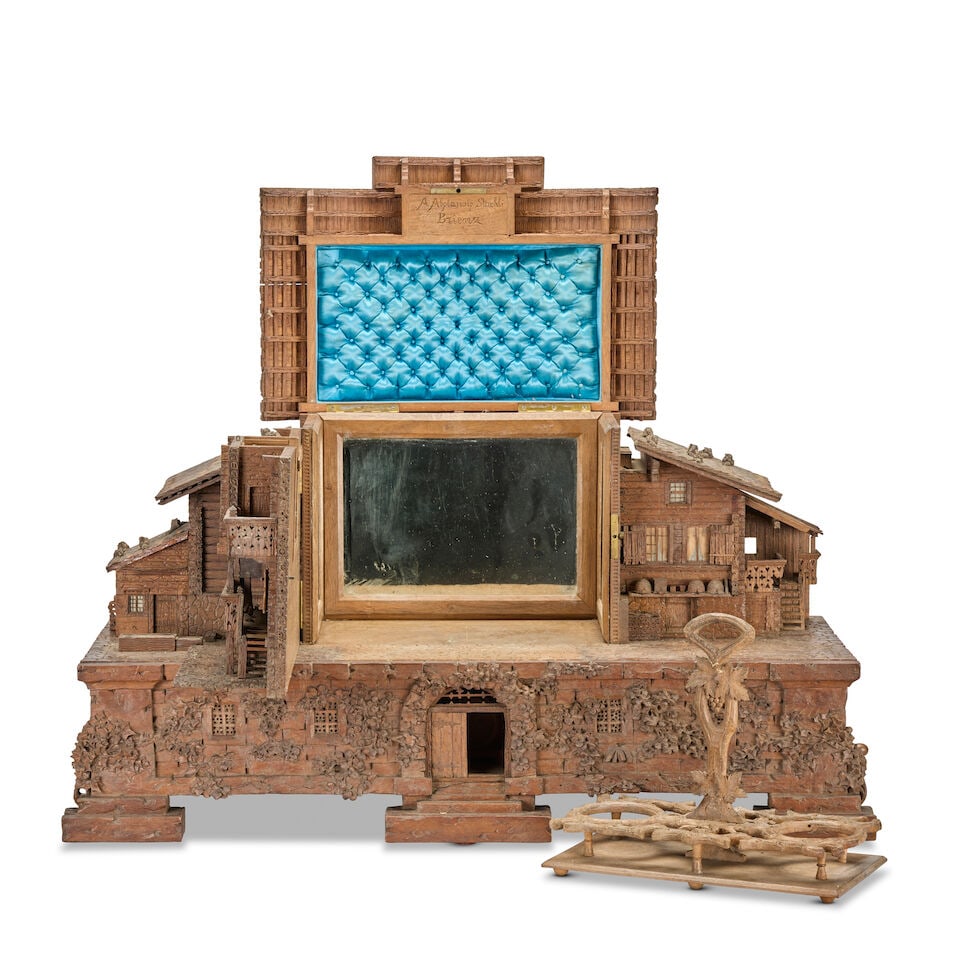 A late 19th century Swiss carved and stained wood novelty chalet combined liqueur set, timepiece... - 4