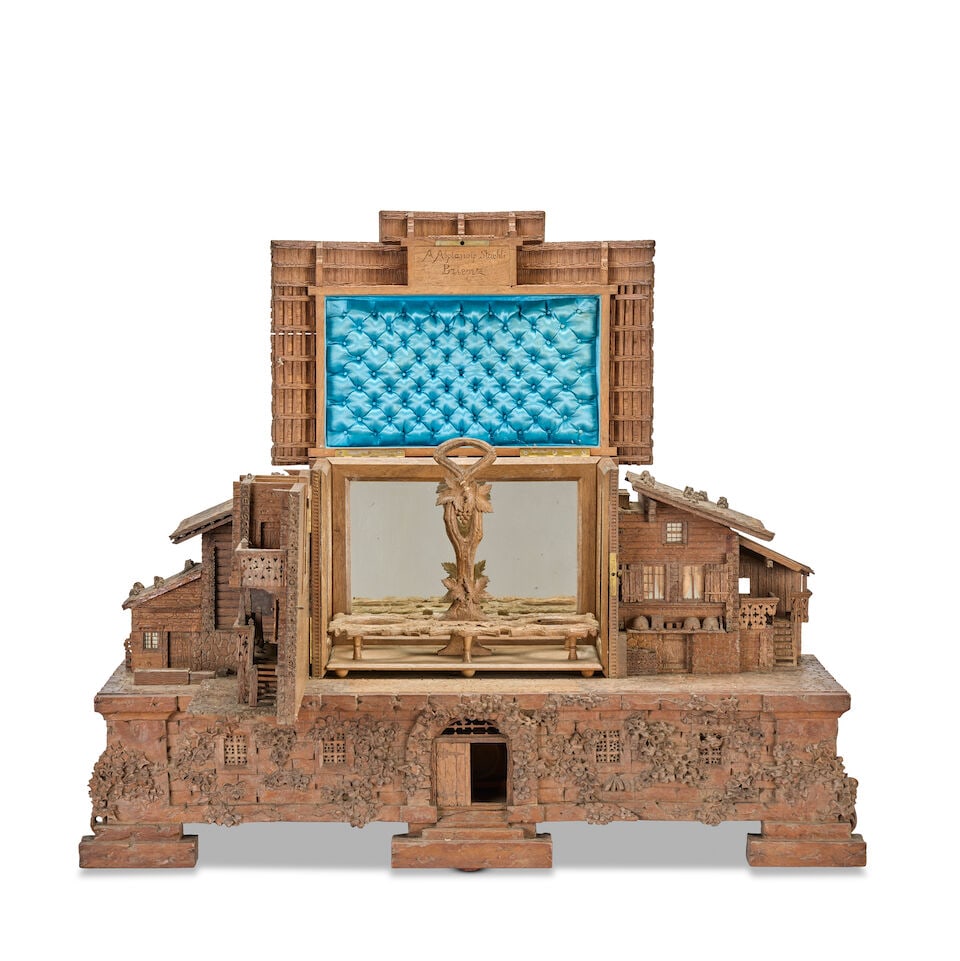 A late 19th century Swiss carved and stained wood novelty chalet combined liqueur set, timepiece... - 5