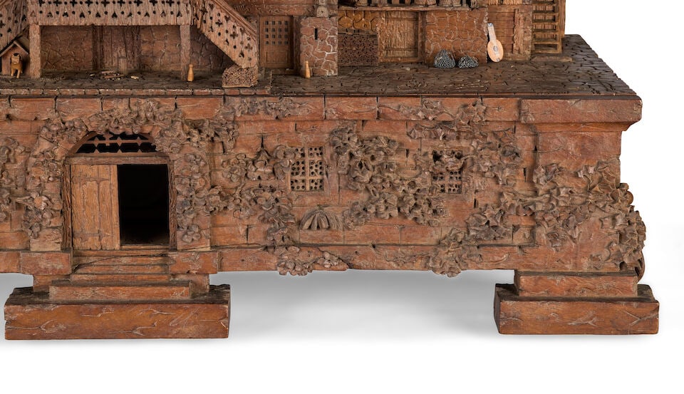 A late 19th century Swiss carved and stained wood novelty chalet combined liqueur set, timepiece... - 9