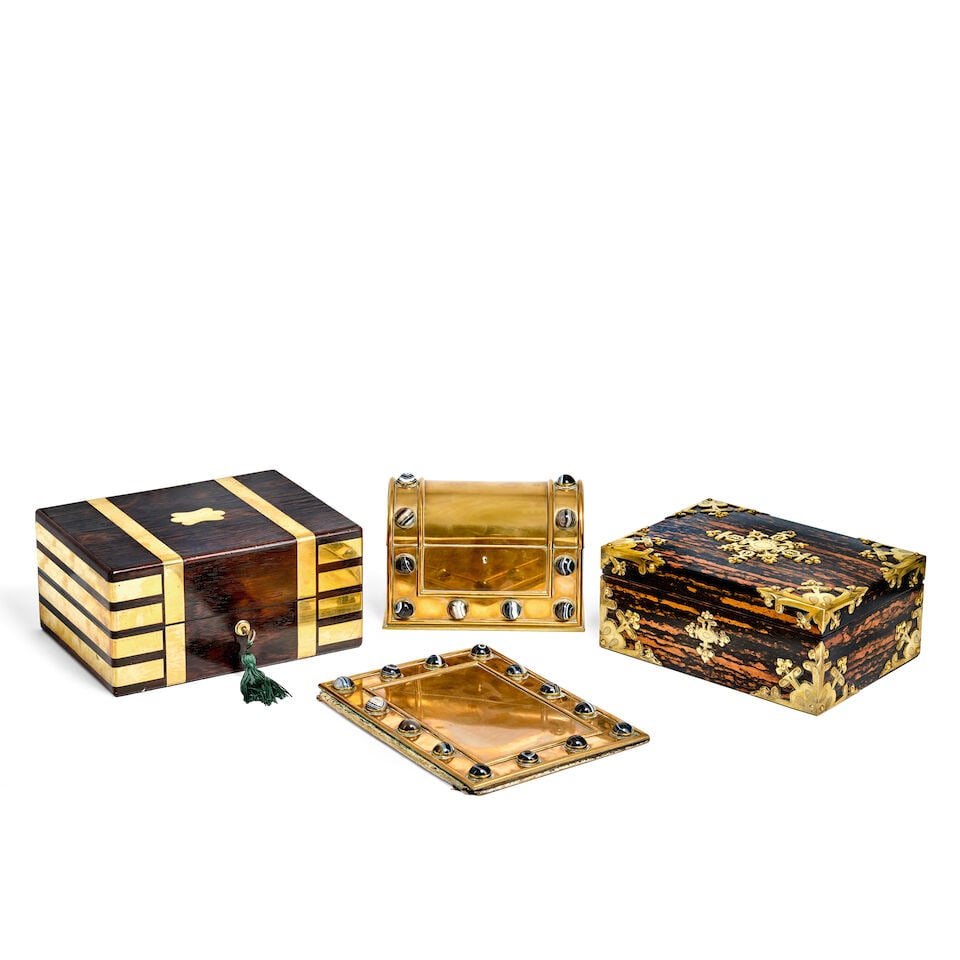 A late Victorian brass and agate cabochon inlaid two piece desk set together with a similar peri... (1 of 1)