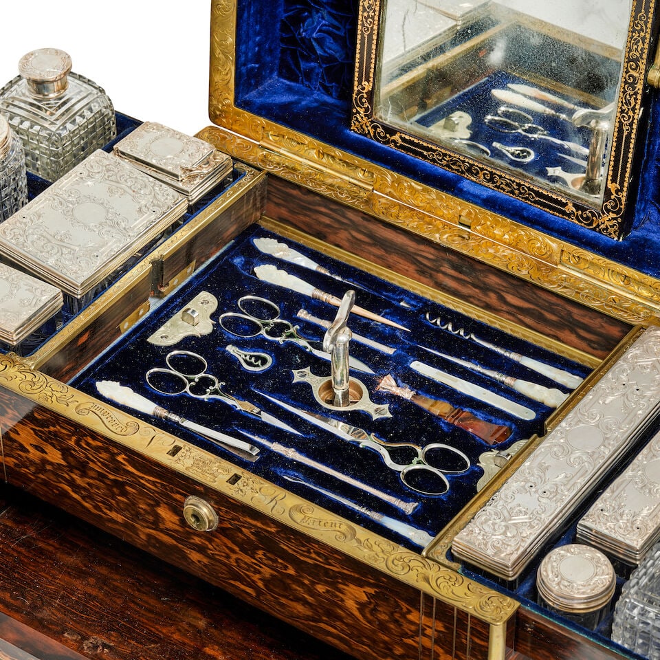 A very fine mid Victorian brass bound and inlaid coromandel and silver fitted patented dressing ... - 2