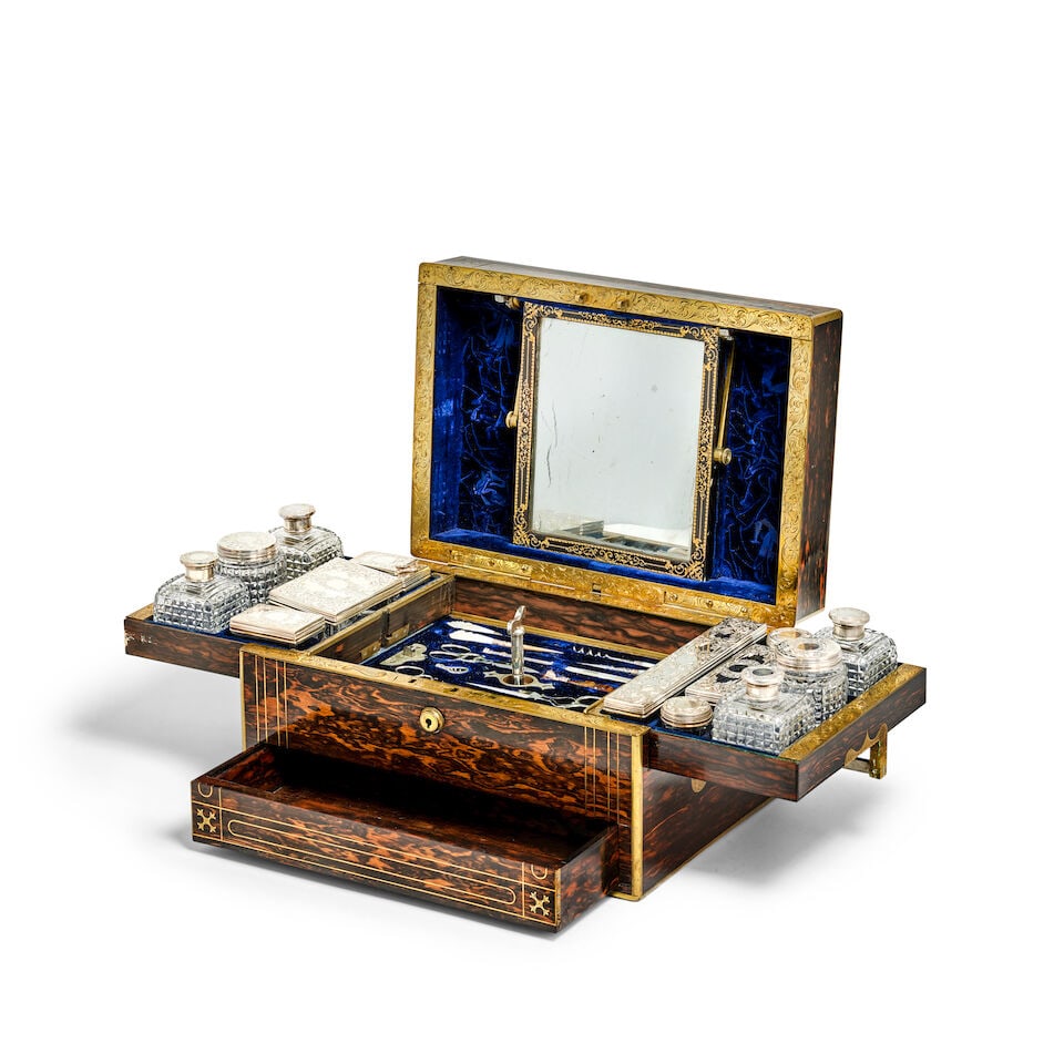 A very fine mid Victorian brass bound and inlaid coromandel and silver fitted patented dressing ... - 3