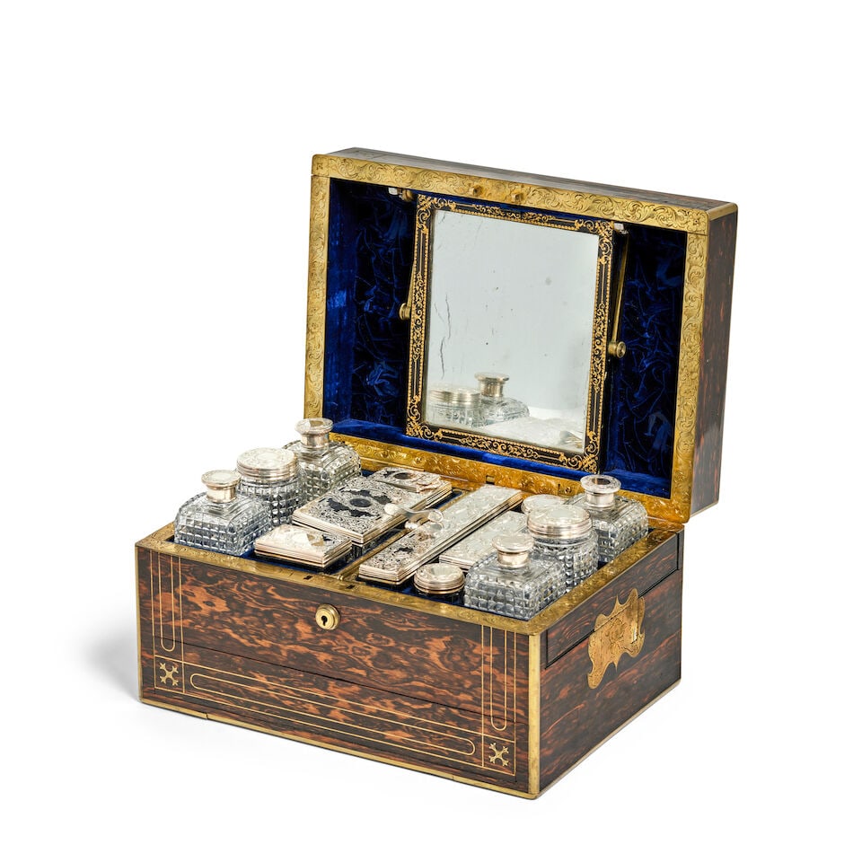 A very fine mid Victorian brass bound and inlaid coromandel and silver fitted patented dressing ... - 4