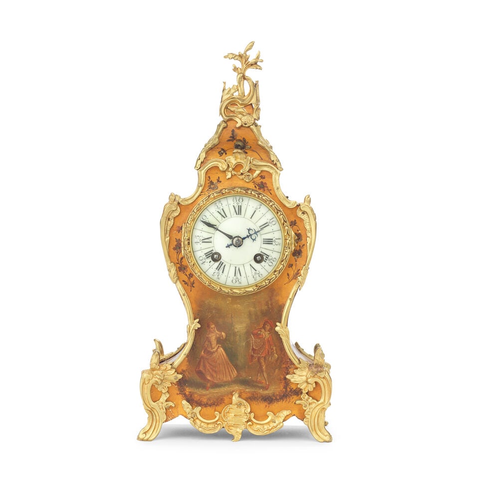 A late 19th century French ormolu mounted Venis Martin style japanned mantle clock With original... - 2
