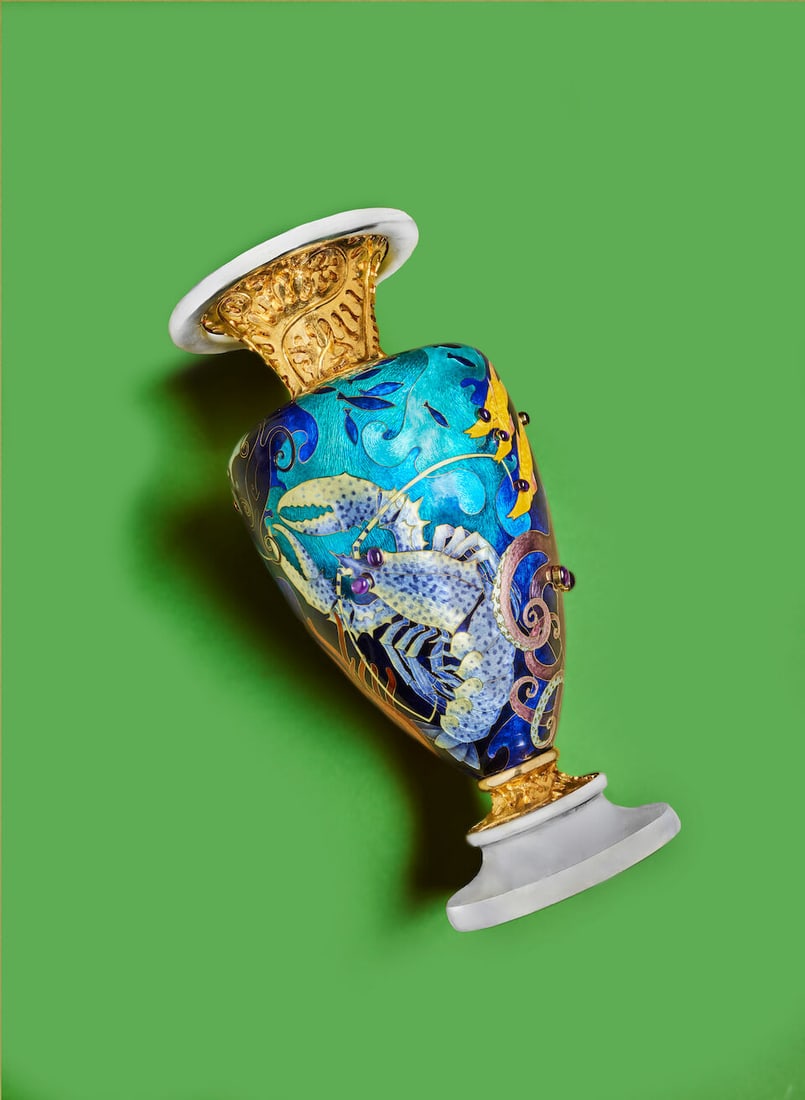 FRED RICH: a unique silver, silver-gilt, enamel and gold gem set vase London 2000, signed 'Fred ... - 2