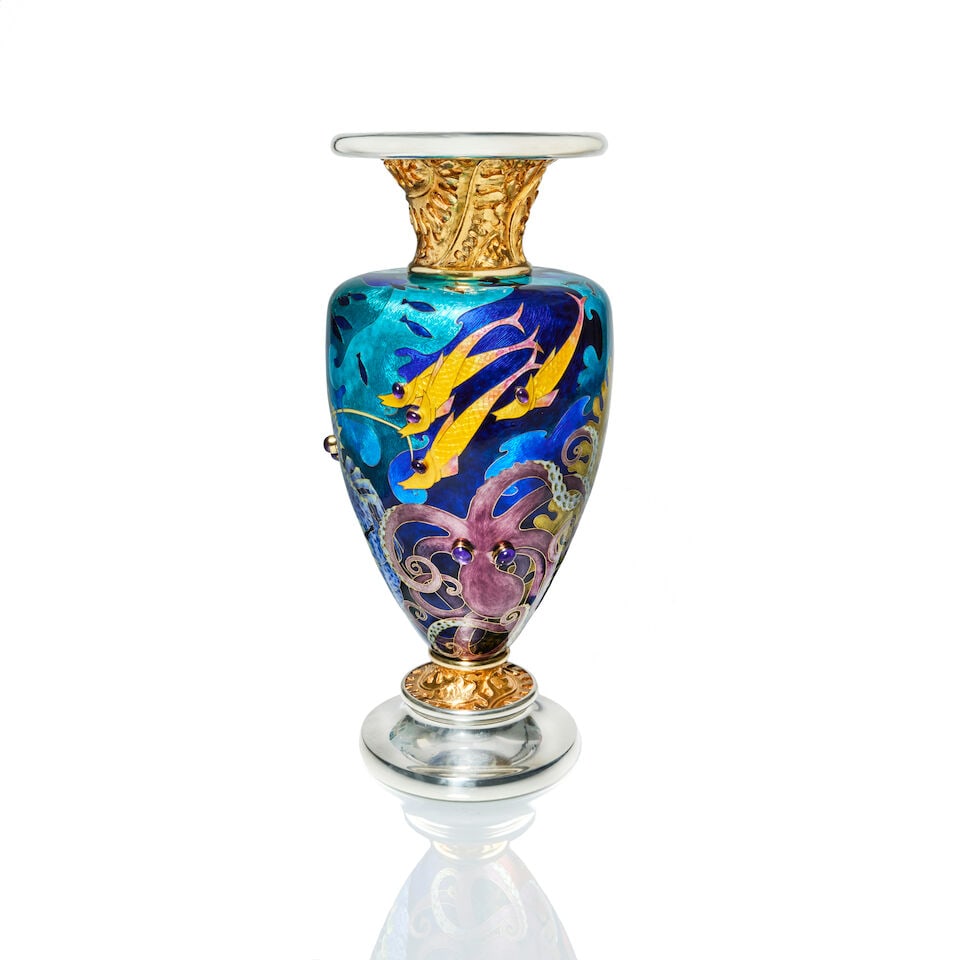 FRED RICH: a unique silver, silver-gilt, enamel and gold gem set vase London 2000, signed 'Fred ... - 7