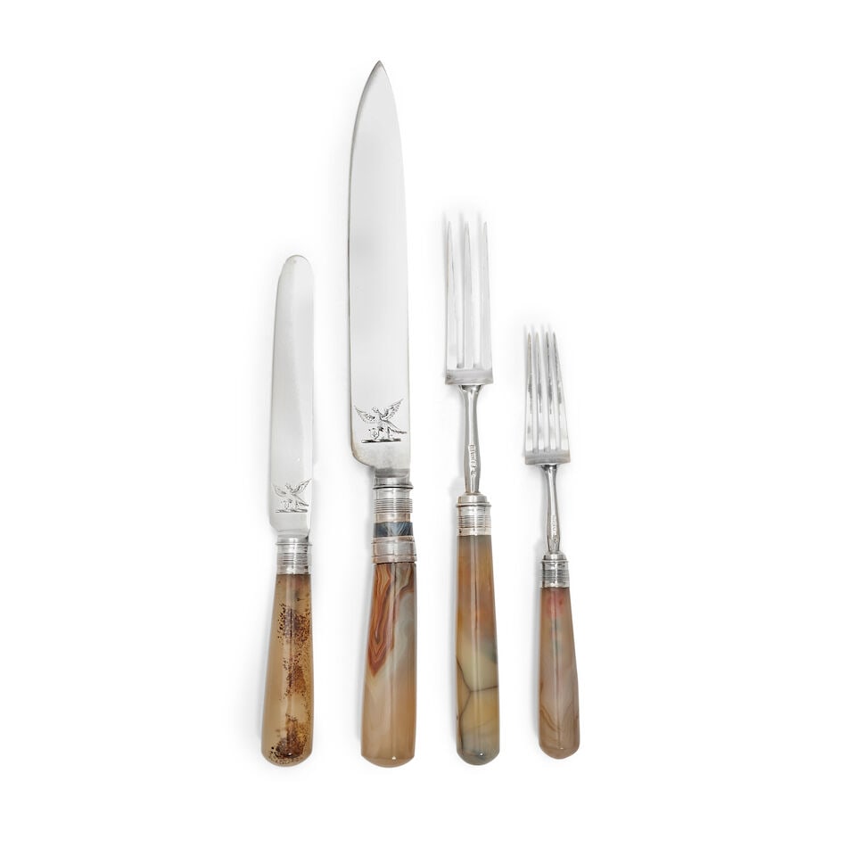 A George III cased set of thirty-six silver and agate handled dessert knives and forks, togethe... - 2