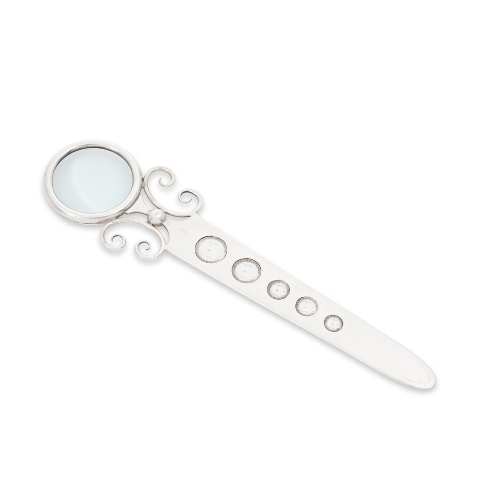 A large silver magnifying glass paper knife Andrew Barrett & Sons Chester 1910, also with incuse... - 2
