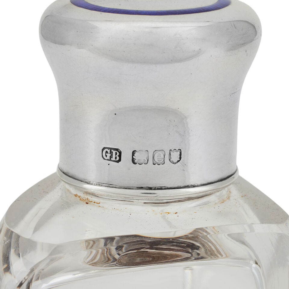 A cased set of four Victorian silver and enamel mounted flasks maker's mark GB, London 1900 - 2