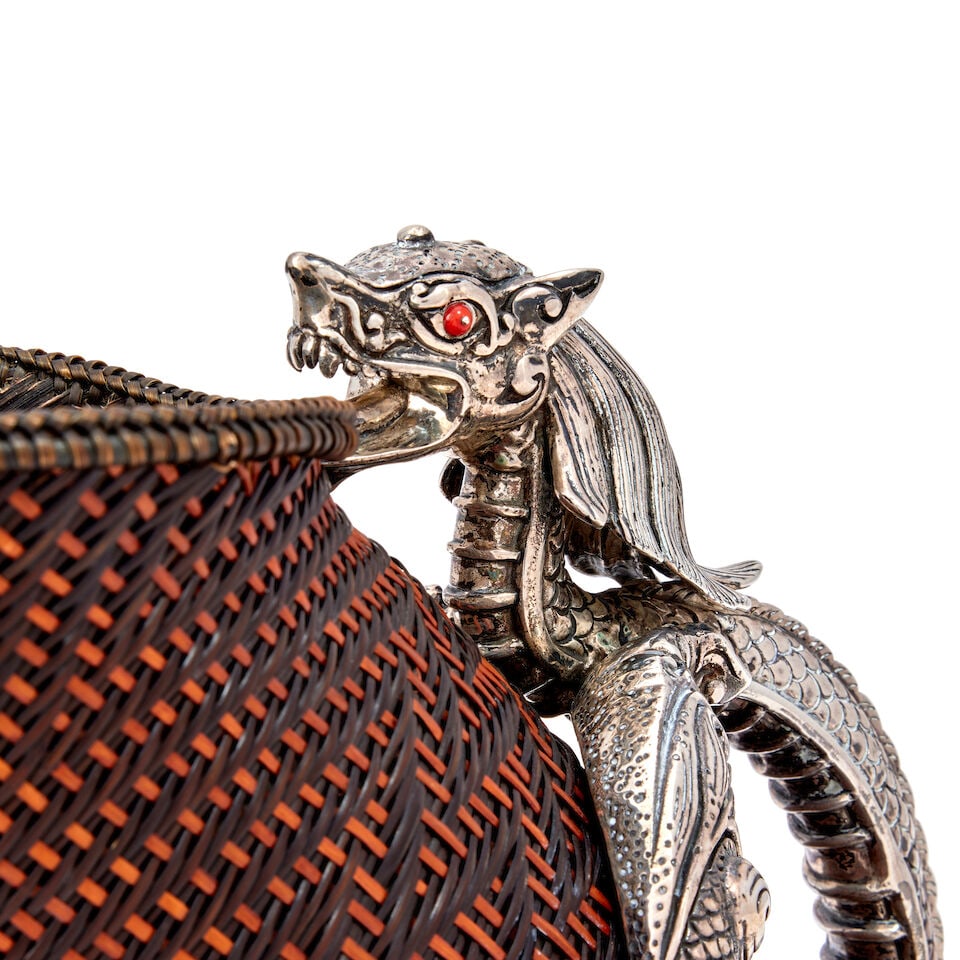 A 20th century Thai silver and woven basket wine bottle holder Lotus Arts de Vivre, stamped 925 - 2