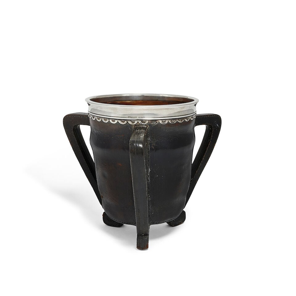 An American silver-mounted leather 'blackjack' tyg / wine cooler rim stamped STERLING SILVER, al... - 3