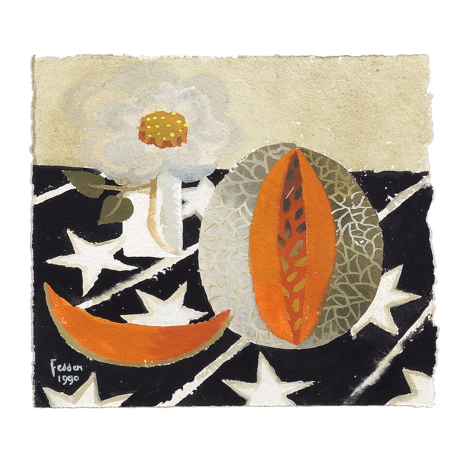 Mary Fedden R.A. (British, 1915-2012) Melon and Rose: Mary Fedden R.A. (British, 1915-2012) Melon and Rose signed and dated 'Fedden/1990' lower left; further signed, titled and numbered '28 Mary Fedden/Melon + Rose' (on Artist's label attached to
