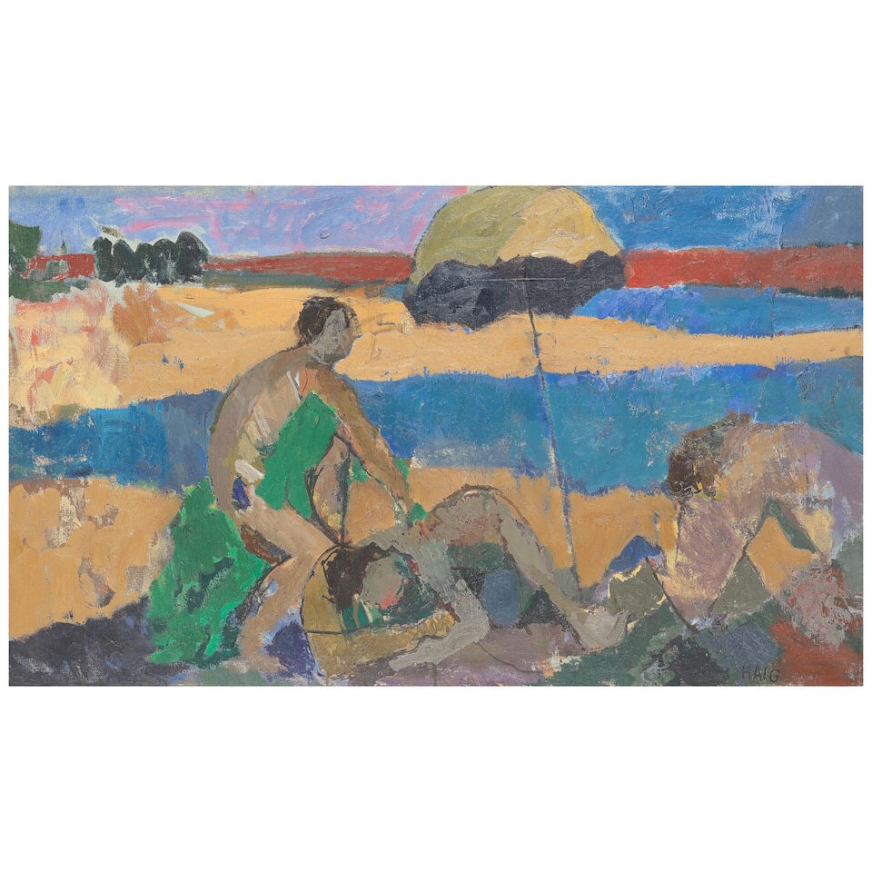 Earl Haig (British, 1918-2009) Bathers (Painted in 1984): Earl Haig (British, 1918-2009) Bathers signed 'HAIG' (lower right) oil on canvas 60 x 100cm (23 5/8 x 39 3/8in). Painted in 1984 Footnotes: Provenance With Manor House Gallery, Cheltenham, where