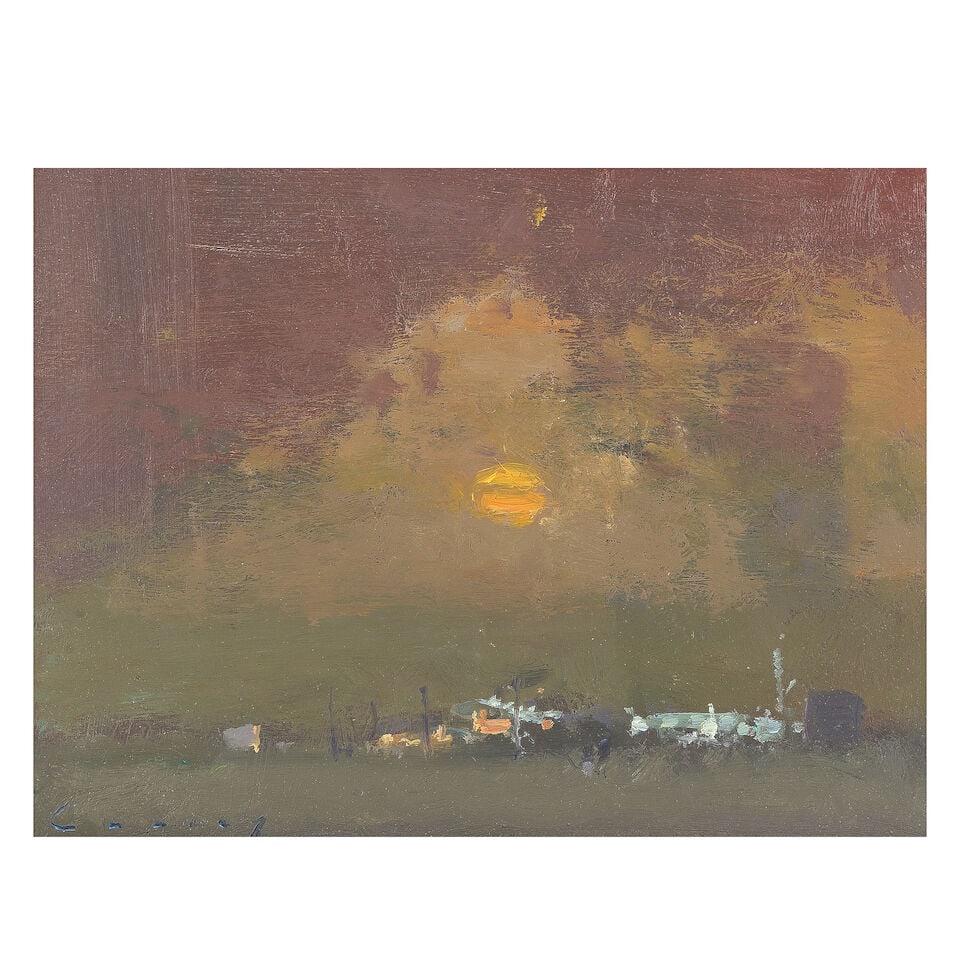 Frederick Cuming R.A., N.E.A.C. (British, 1930-2022) Fairground, Sunset: Frederick Cuming R.A., N.E.A.C. (British, 1930-2022) Fairground, Sunset signed 'Cuming' (lower left) oil on board 14.5 x 19cm (5 11/16 x 7 1/2in). Footnotes: Provenance With New Grafton Gallery,