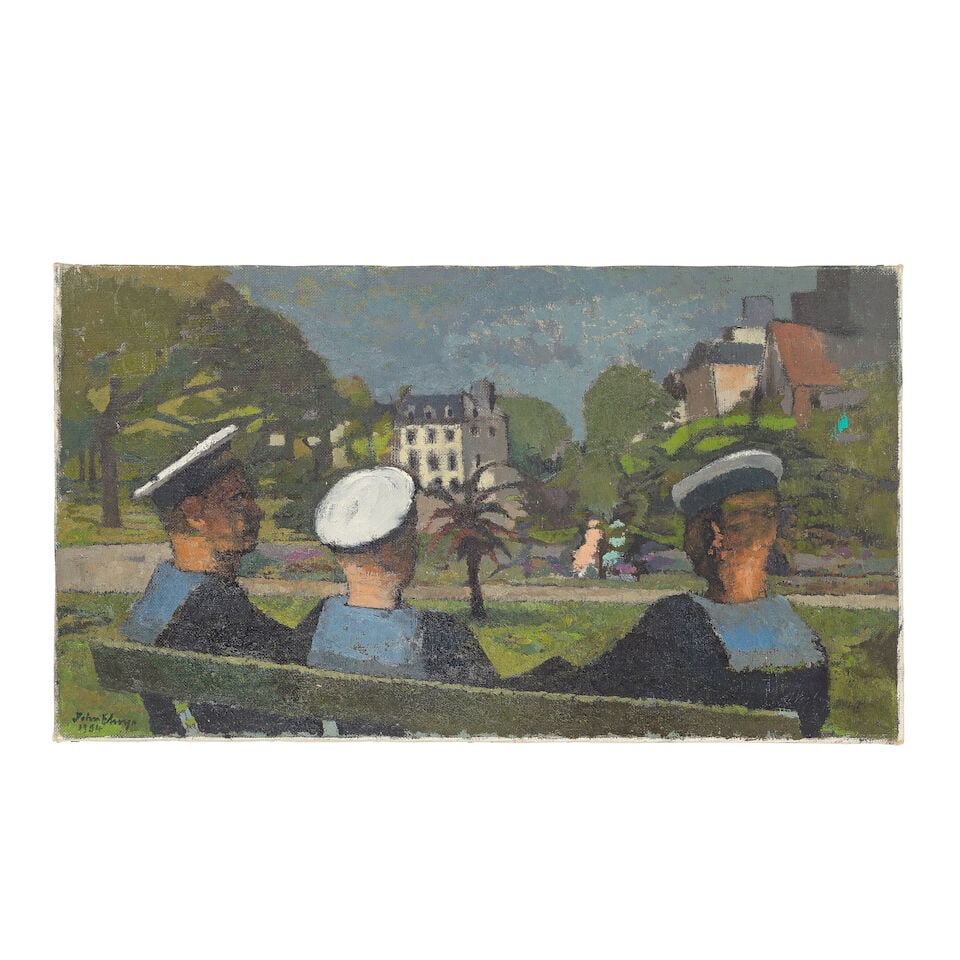 John Elwyn (British, 1916-1997) Three Sailors (unframed): John Elwyn (British, 1916-1997) Three Sailors signed and dated 'John Elwyn/1954' (lower left) oil on canvas 30 x 53.5cm (11 13/16 x 21 1/16in). (unframed) This lot is subject to the following lot