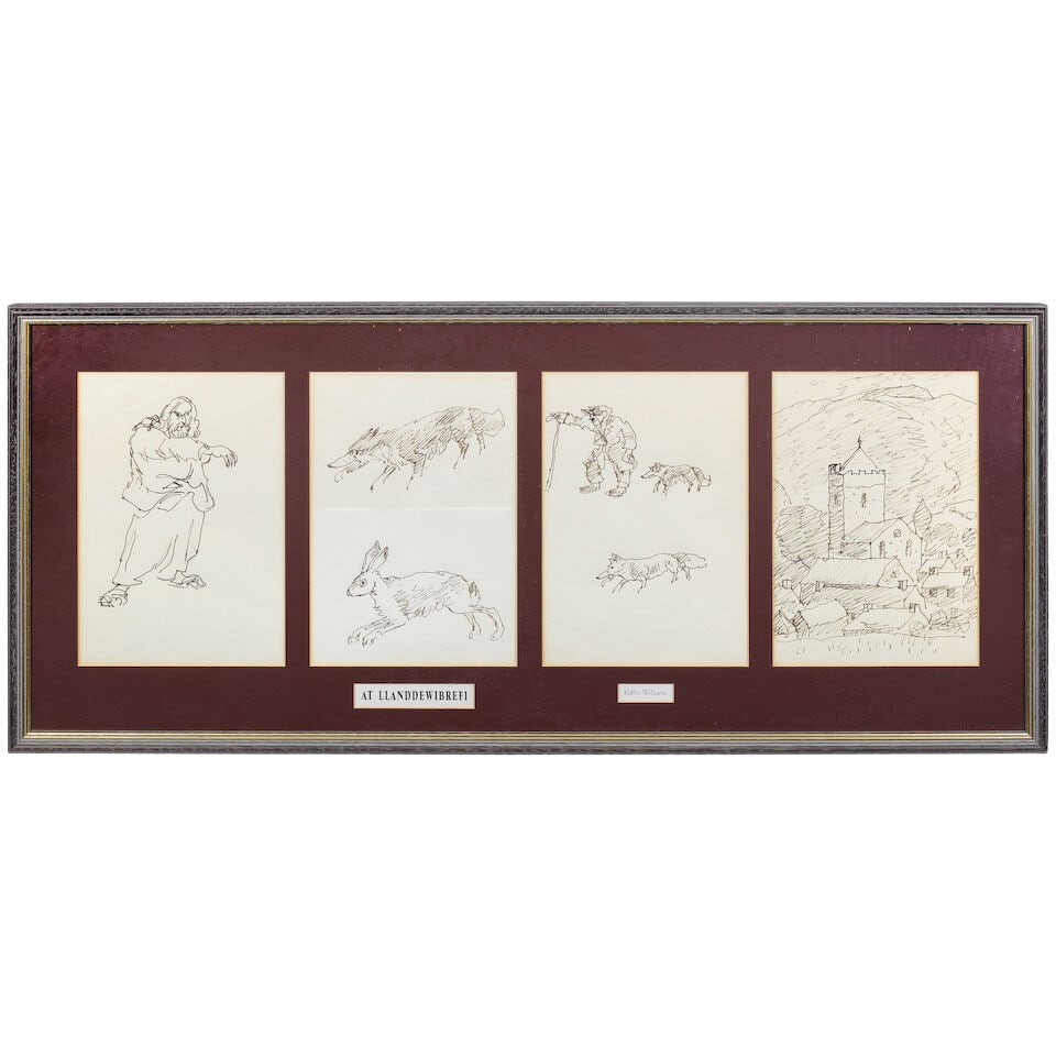 Sir Kyffin Williams R.A. (British, 1918-2006) At Llanddewibrefi 28.5 x 19.5cm (11 1/4 x 7 11/16i...: Sir Kyffin Williams R.A. (British, 1918-2006) At Llanddewibrefi pen and ink on paper 28.5 x 19.5cm (11 1/4 x 7 11/16in) (three works); 15.5 x 20cm (6 1/8 x 7 7/8in) (one work); 13.5 x 20cm (5 5/16 x 7