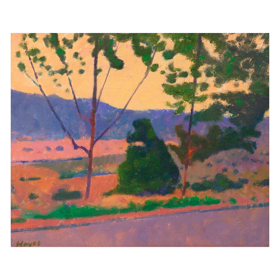 Colin Hayes R.A., R.B.A. (British, 1919-2003) Evening, Partheni, Evvia Greece: Colin Hayes R.A., R.B.A. (British, 1919-2003) Evening, Partheni, Evvia Greece signed 'Hayes' (lower left); further, signed, titled and inscribed with Artist's address 'COLIN HAYES RA/26, CLEVELAND