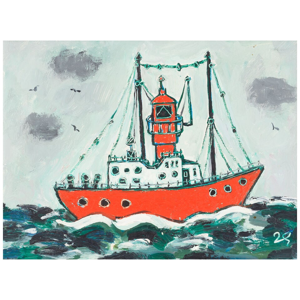 Joan Gillchrest (British, 1918-2008) Lighthouse Ship at Long Rock: Joan Gillchrest (British, 1918-2008) Lighthouse Ship at Long Rock signed with initials 'JG' (lower right); titled 'Lighthouse Ship/at Long Rock' (on card verso) oil on card 14 x 19cm (5 1/2 x 7