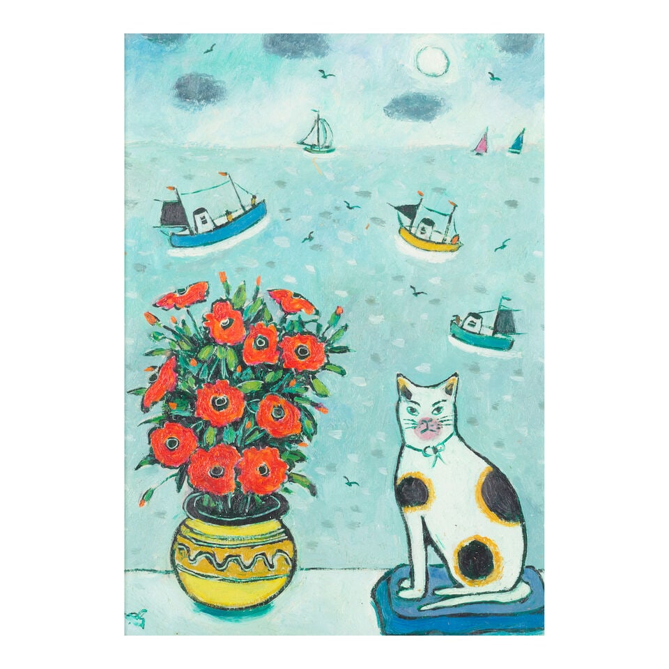 Joan Gillchrest (British, 1918-2008) Flowers and Cat with Seaview (1 of 3)