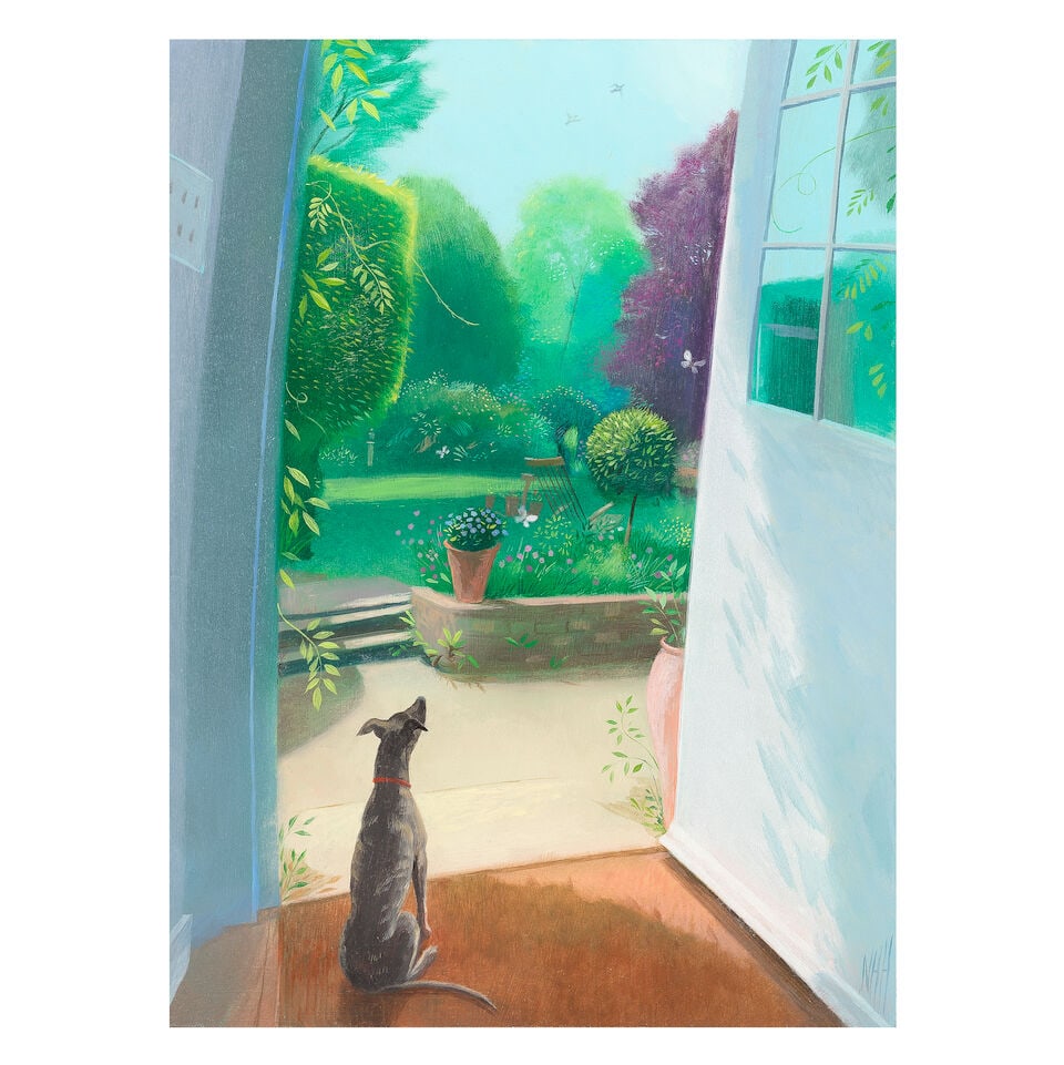 Nicholas Hely Hutchinson (British, born 1955) Miss Olive Observes her Garden: Nicholas Hely Hutchinson (British, born 1955) Miss Olive Observes her Garden signed with initials 'NHH' (lower right) oil on board 36.5 x 27.5cm (14 3/8 x 10 13/16in). Footnotes: Provenance With
