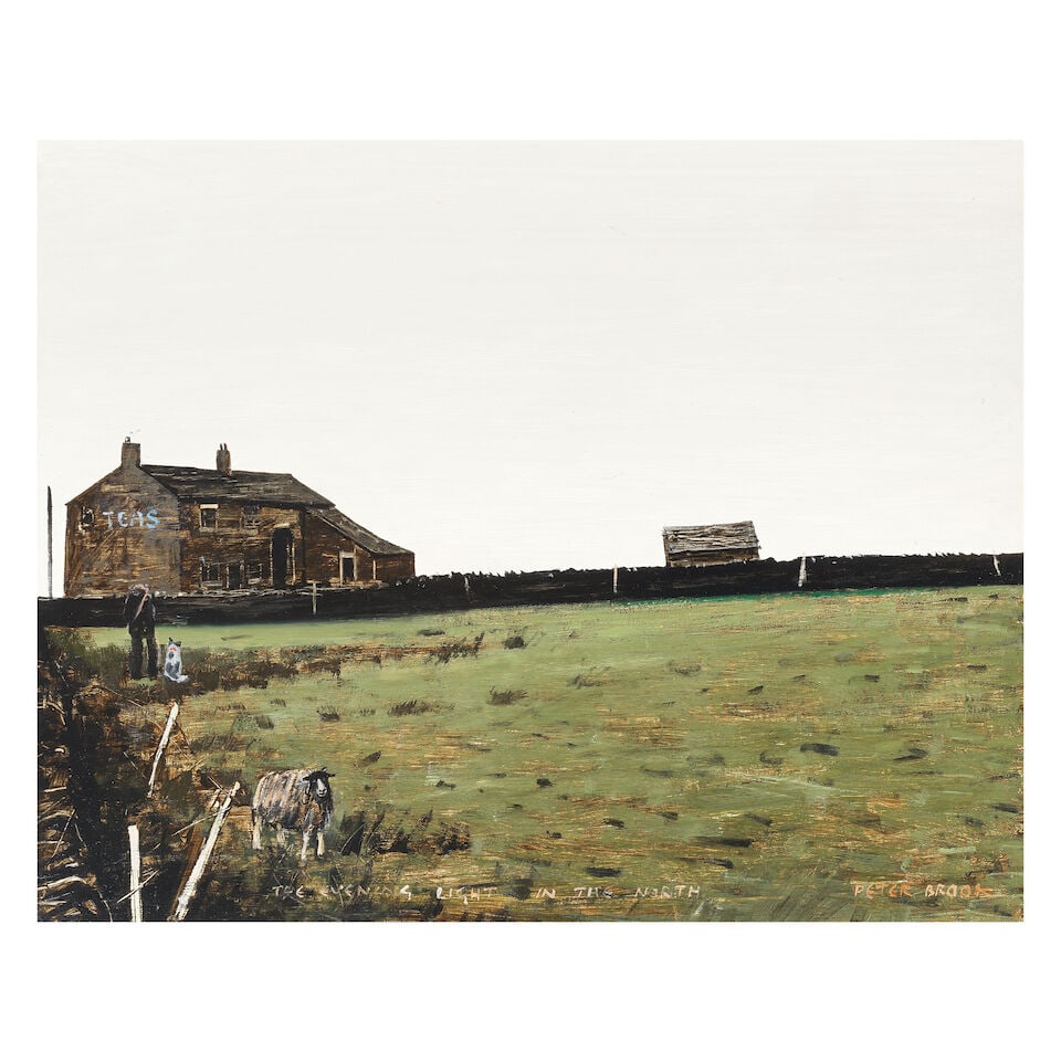 Peter Brook (British, 1927-2009) The Evening Light in the North: Peter Brook (British, 1927-2009) The Evening Light in the North signed 'PETER BROOK' (lower right), titled 'THE EVENING LIGHT IN THE NORTH' (lower centre) oil on board 41 x 51cm (16 1/8 x 20