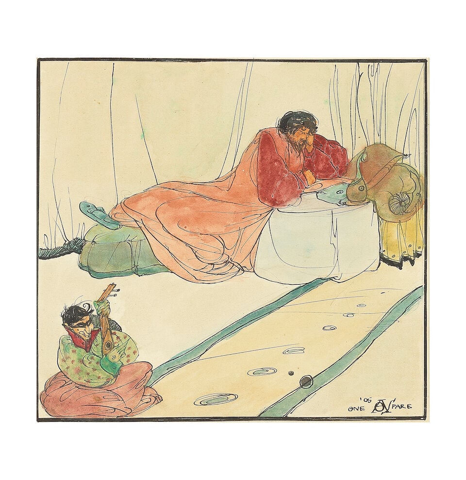 Austin Osman Spare (British, 1886-1956) Reclining Figure, Illustration for Omar Khayyam's Rubaiyat: Austin Osman Spare (British, 1886-1956) Reclining Figure, Illustration for Omar Khayyam's Rubaiyat signed, dated and inscribed '05/ONE/AOSPARE' (lower right), further signed and dedicated