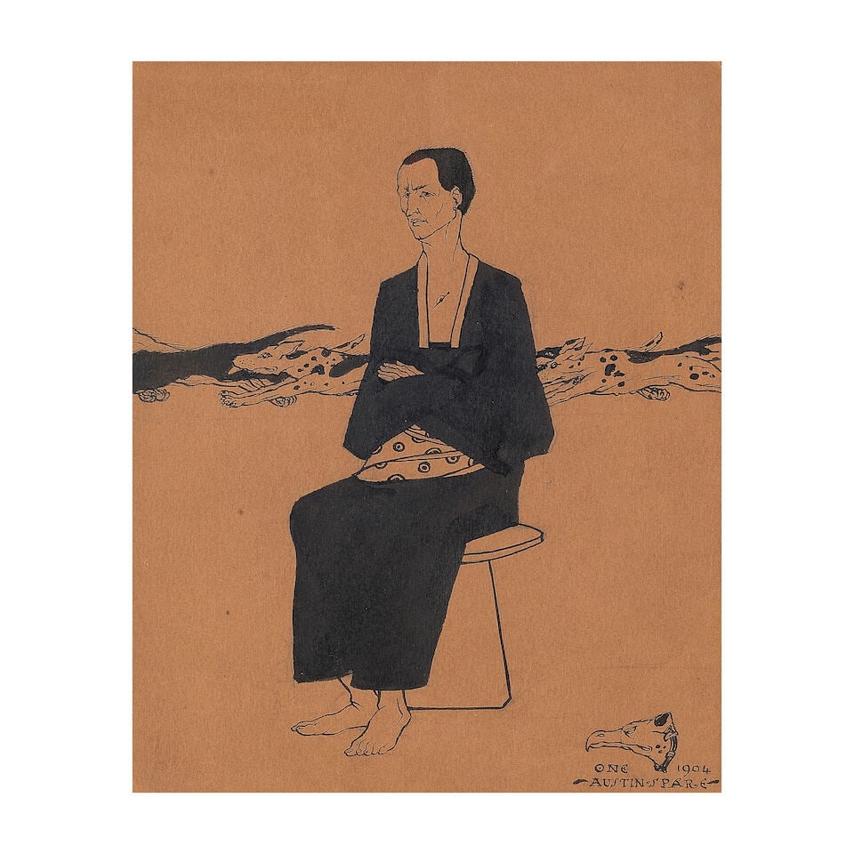 Austin Osman Spare (British, 1886-1956) Seated Figure with Running Dogs: Austin Osman Spare (British, 1886-1956) Seated Figure with Running Dogs signed, dated and inscribed 'ONE 1904/-AUSTIN.SPARE-' (lower right) pen and ink, ink and pencil on paper 25 x 20cm (9 13/16 x 7
