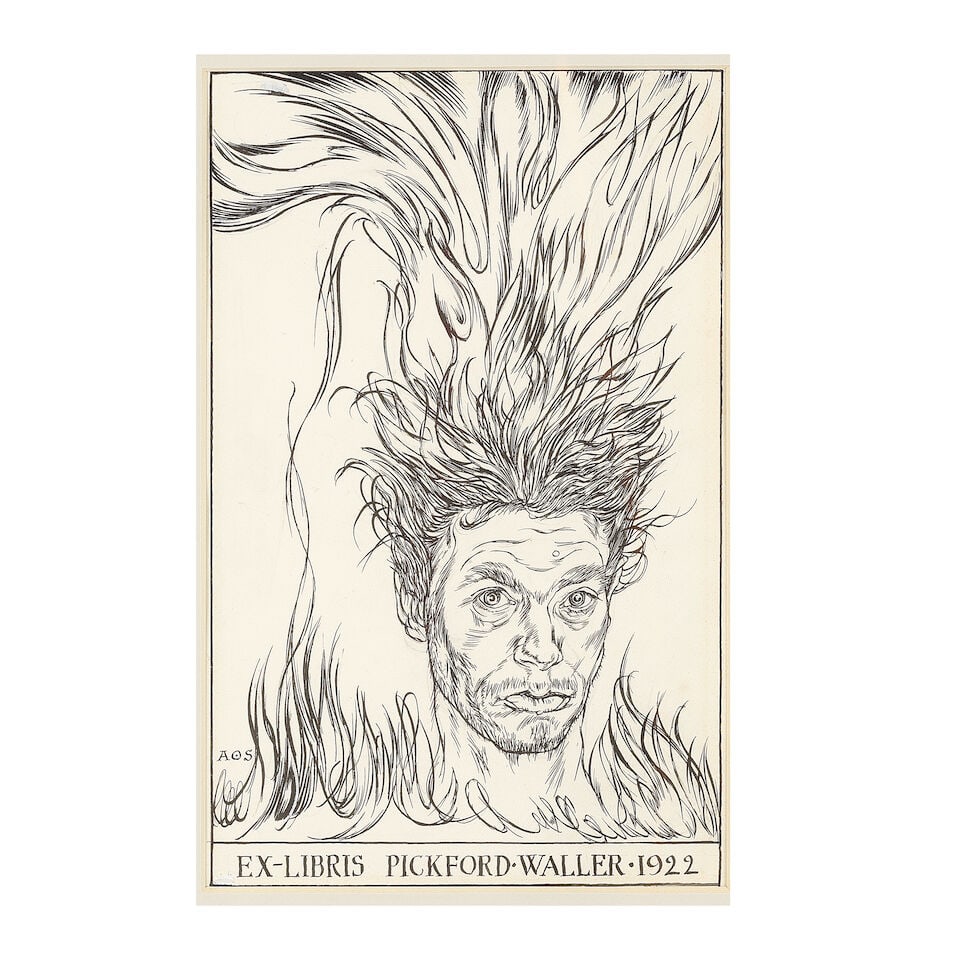 Austin Osman Spare (British, 1886-1956) Ex-Libris Pickford Waller Self-portrait amidst flames: Austin Osman Spare (British, 1886-1956) Ex-Libris Pickford Waller Self-portrait amidst flames signed with initials 'AOS' (lower left), titled and dated 'EX-LIBRIS PICKFORD-WALLER-1922' (lower