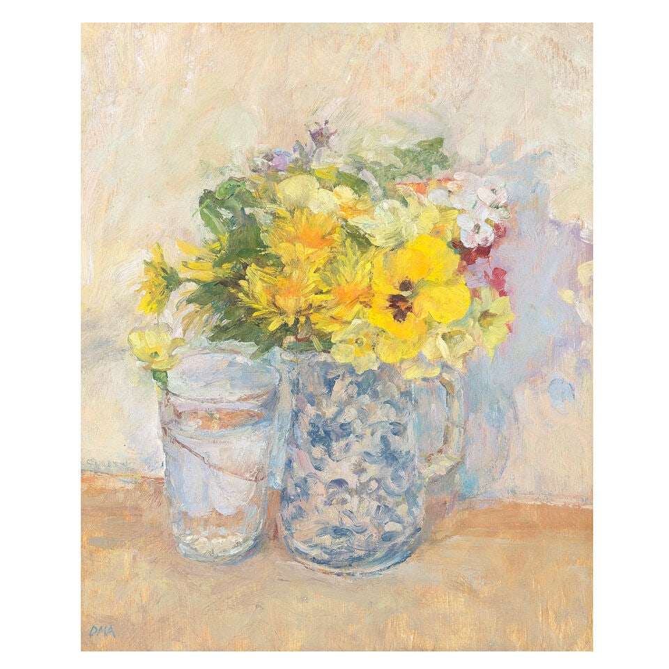 Diana Maxwell Armfield R.A. (British, born 1920) April Flowers at Llwyn hir: Diana Maxwell Armfield R.A. (British, born 1920) April Flowers at Llwyn hir signed with initials 'DMA' (lower left) oil on board 25.5 x 22cm (10 x 8 5/8in). Footnotes: Provenance With Browse &